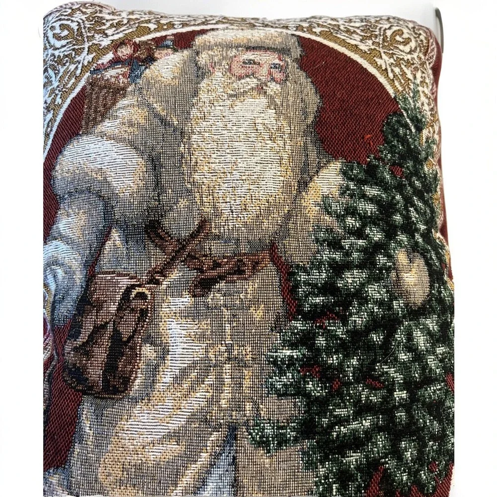 Vintage Christmas Tapestry Throw Pillow St Nicholas Santa Home Decor 15 X 11